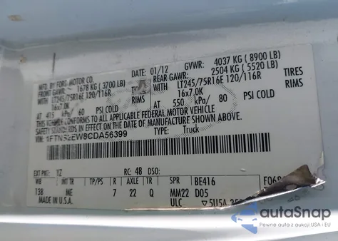 2012 Ford E-250 Commercial z USA, uszkodzony, nr VIN 1FTNS2EW8CDA56399